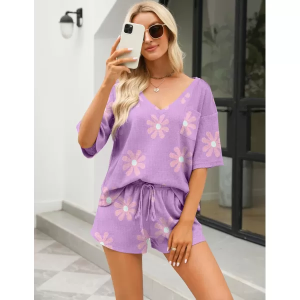 Ekouaer Women Pajama Sets Waffle Knit Lounge Sets Short Sleeves Crop Top 2 Piece Pj Shorts SetAfloral Purple