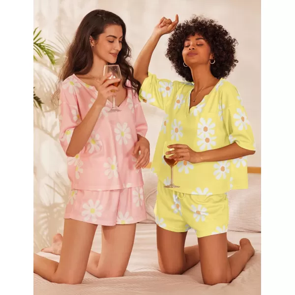 Ekouaer Women Pajama Sets Waffle Knit Lounge Sets Short Sleeves Crop Top 2 Piece Pj Shorts SetAfloral Yellow