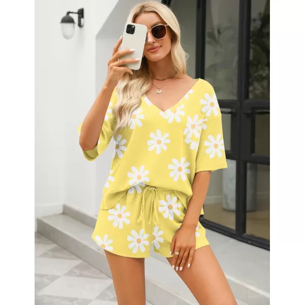 Ekouaer Women Pajama Sets Waffle Knit Lounge Sets Short Sleeves Crop Top 2 Piece Pj Shorts SetAfloral Yellow