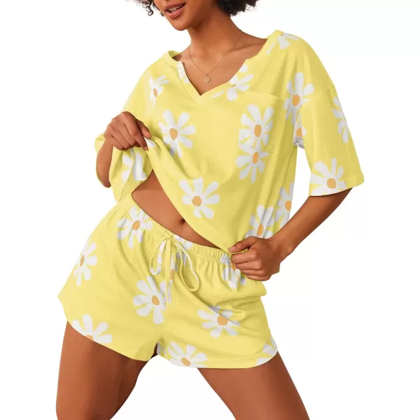 Ekouaer Women Pajama Sets Waffle Knit Lounge Sets Short Sleeves Crop Top 2 Piece Pj Shorts SetAfloral Yellow