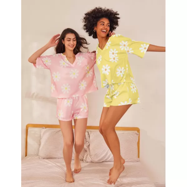 Ekouaer Women Pajama Sets Waffle Knit Lounge Sets Short Sleeves Crop Top 2 Piece Pj Shorts SetAfloral Yellow