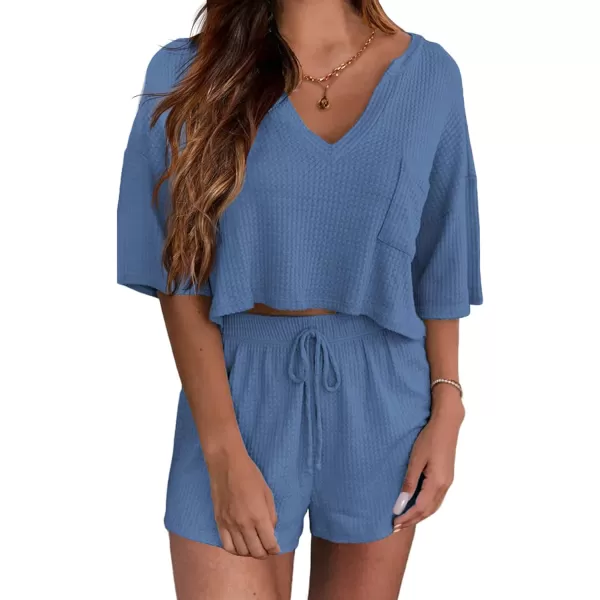 Ekouaer Women Pajama Sets Waffle Knit Lounge Sets Short Sleeves Crop Top 2 Piece Pj Shorts SetBlue