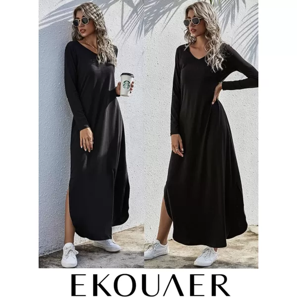 Ekouaer Womens Nightgown V Neck Nightshirts Long Sleeve Sleepwear with Pockets SXXLBlack