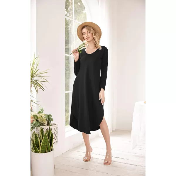 Ekouaer Womens Nightgown V Neck Nightshirts Long Sleeve Sleepwear with Pockets SXXLBlack