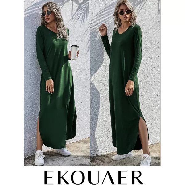 Ekouaer Womens Nightgown V Neck Nightshirts Long Sleeve Sleepwear with Pockets SXXLDeep Green