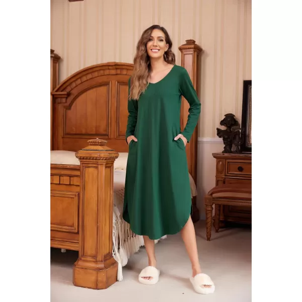 Ekouaer Womens Nightgown V Neck Nightshirts Long Sleeve Sleepwear with Pockets SXXLDeep Green