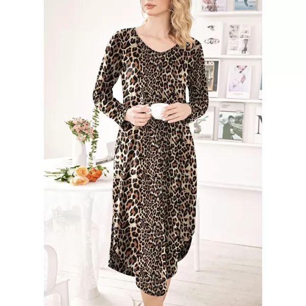 Ekouaer Womens Nightgown V Neck Nightshirts Long Sleeve Sleepwear with Pockets SXXLLeopard