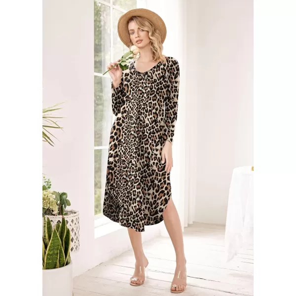 Ekouaer Womens Nightgown V Neck Nightshirts Long Sleeve Sleepwear with Pockets SXXLLeopard