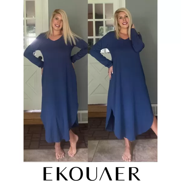 Ekouaer Womens Nightgown V Neck Nightshirts Long Sleeve Sleepwear with Pockets SXXLNavy Blue