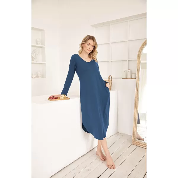 Ekouaer Womens Nightgown V Neck Nightshirts Long Sleeve Sleepwear with Pockets SXXLNavy Blue