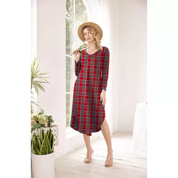 Ekouaer Womens Nightgown V Neck Nightshirts Long Sleeve Sleepwear with Pockets SXXLPlaid Red