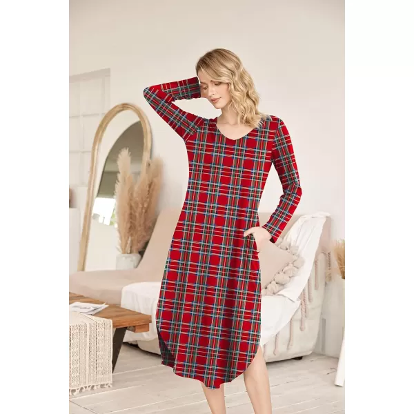 Ekouaer Womens Nightgown V Neck Nightshirts Long Sleeve Sleepwear with Pockets SXXLPlaid Red