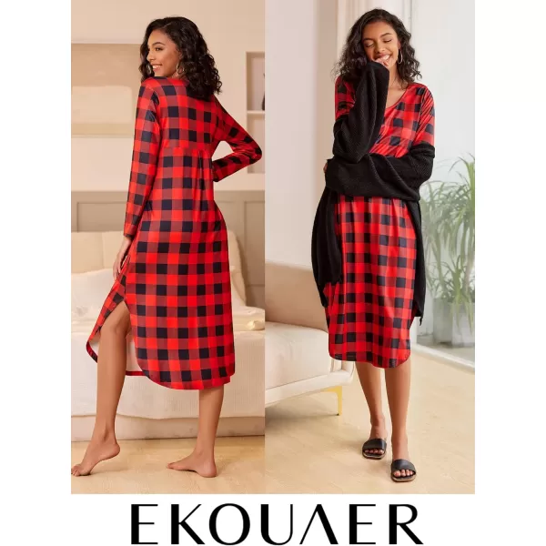 Ekouaer Womens Nightgown V Neck Nightshirts Long Sleeve Sleepwear with Pockets SXXLPlaid Red Black