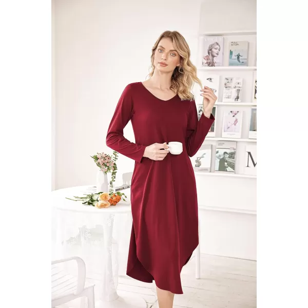 Ekouaer Womens Nightgown V Neck Nightshirts Long Sleeve Sleepwear with Pockets SXXLWine Red