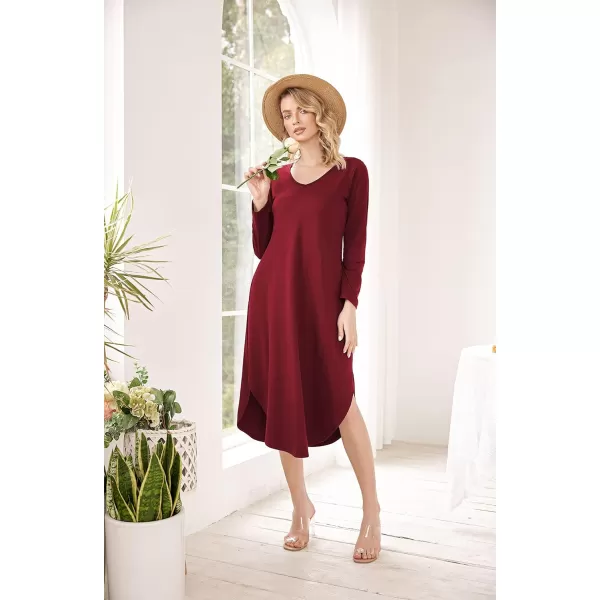 Ekouaer Womens Nightgown V Neck Nightshirts Long Sleeve Sleepwear with Pockets SXXLWine Red