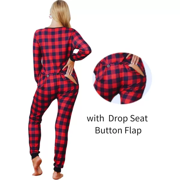 Ekouaer Womens Onesies Pajamas with Butt Flap Button Down Union Suit Thermal One Piece PajamasBlackRed Plaid