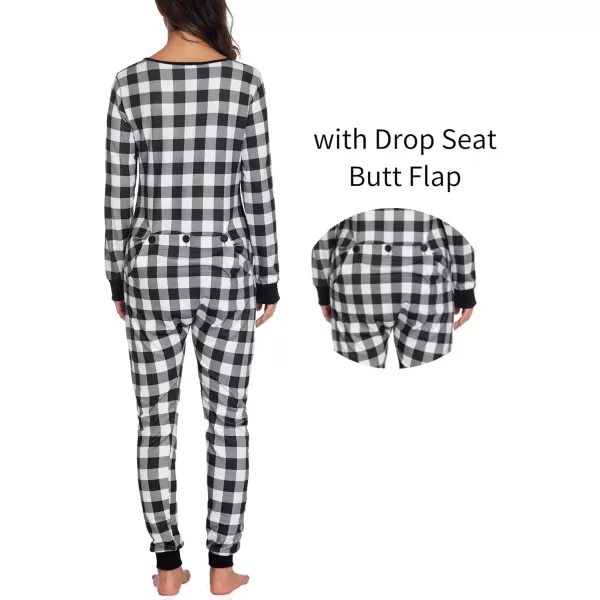 Ekouaer Womens Onesies Pajamas with Butt Flap Button Down Union Suit Thermal One Piece PajamasBlackWhite Plaid