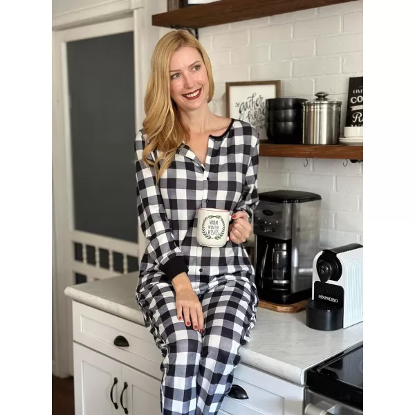 Ekouaer Womens Onesies Pajamas with Butt Flap Button Down Union Suit Thermal One Piece PajamasBlackWhite Plaid