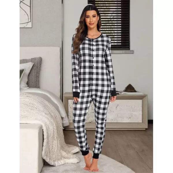 Ekouaer Womens Onesies Pajamas with Butt Flap Button Down Union Suit Thermal One Piece PajamasBlackWhite Plaid