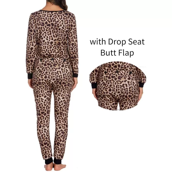 Ekouaer Womens Onesies Pajamas with Butt Flap Button Down Union Suit Thermal One Piece PajamasKhakiLeopard