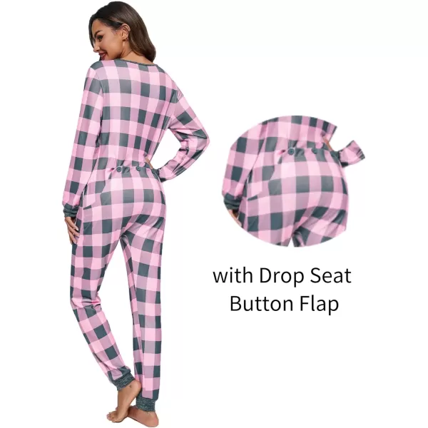 Ekouaer Womens Onesies Pajamas with Butt Flap Button Down Union Suit Thermal One Piece PajamasPink Buffalo Plaid