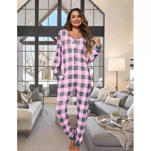 Ekouaer Womens Onesies Pajamas with Butt Flap Button Down Union Suit Thermal One Piece PajamasPink Buffalo Plaid