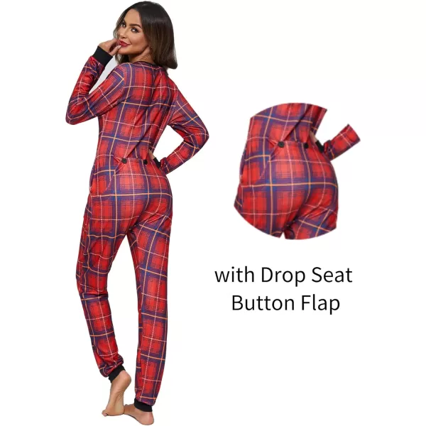 Ekouaer Womens Onesies Pajamas with Butt Flap Button Down Union Suit Thermal One Piece PajamasRed Grey Plaid