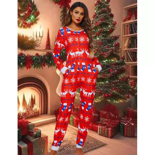 Ekouaer Womens Onesies Pajamas with Butt Flap Button Down Union Suit Thermal One Piece PajamasReindeer Red