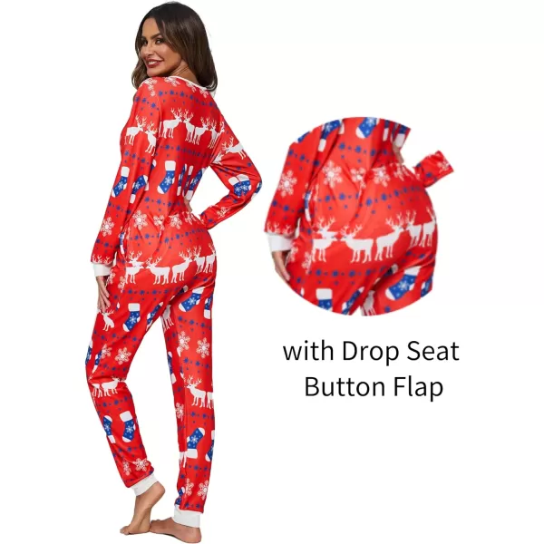 Ekouaer Womens Onesies Pajamas with Butt Flap Button Down Union Suit Thermal One Piece PajamasReindeer Red