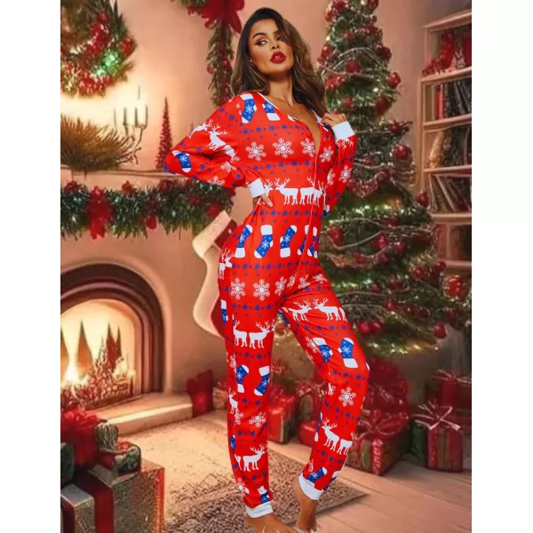 Ekouaer Womens Onesies Pajamas with Butt Flap Button Down Union Suit Thermal One Piece PajamasReindeer Red