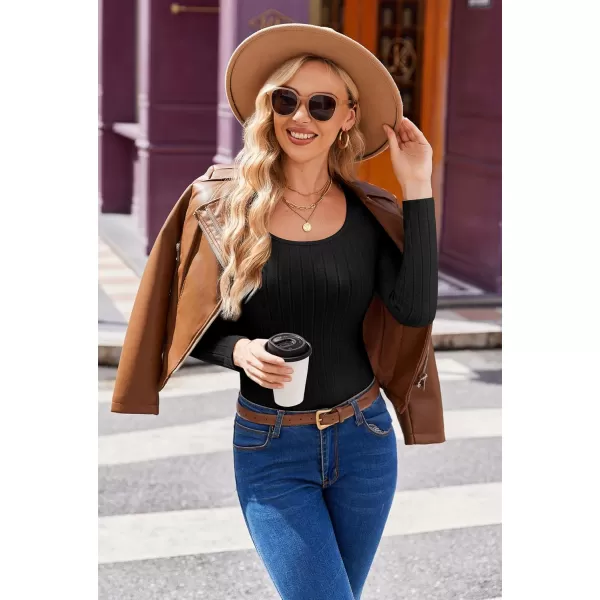 Ekouaer Womens Scoop Neck Shirts Long Sleeve Top Basic Ribbed Tee Lightweight Thermal Undershirt Slim Fit Pullover SweaterBlack