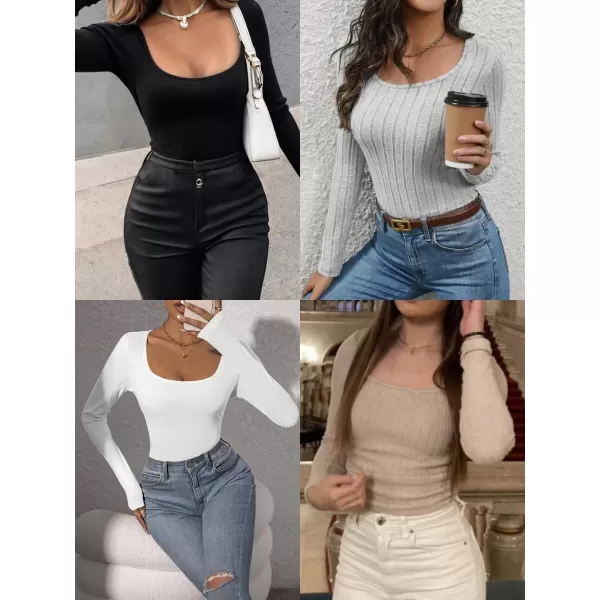 Ekouaer Womens Scoop Neck Shirts Long Sleeve Top Basic Ribbed Tee Lightweight Thermal Undershirt Slim Fit Pullover SweaterBlack