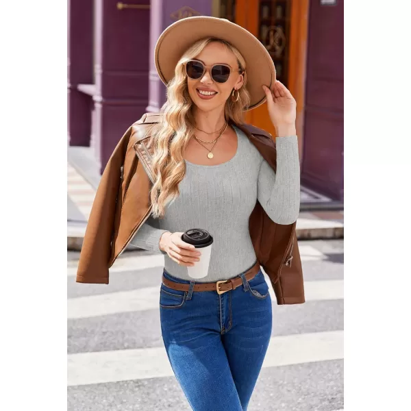 Ekouaer Womens Scoop Neck Shirts Long Sleeve Top Basic Ribbed Tee Lightweight Thermal Undershirt Slim Fit Pullover SweaterLight Gray