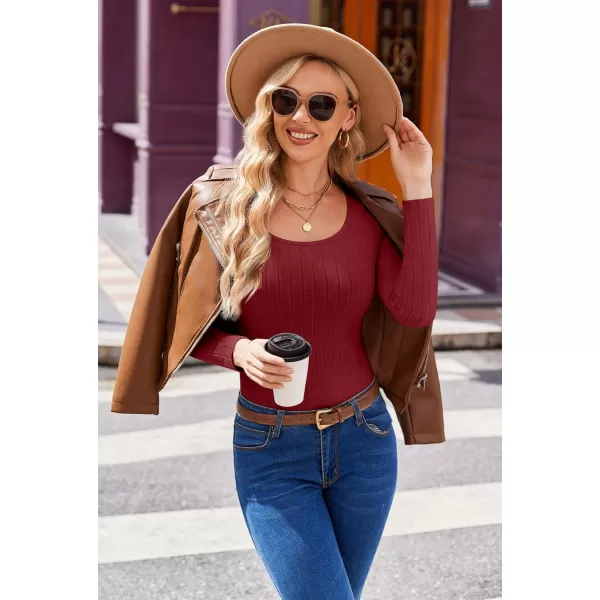 Ekouaer Womens Scoop Neck Shirts Long Sleeve Top Basic Ribbed Tee Lightweight Thermal Undershirt Slim Fit Pullover SweaterWine Red