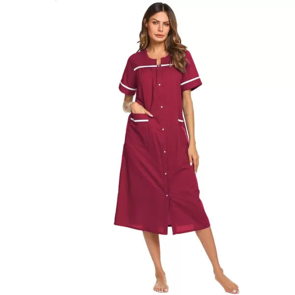 Ekouaer Womens Sleepwear SnapFront DusterHouse Dress with PocketsShort Sleeve NightgownHousecoatSummer Robe SXXLWine Red