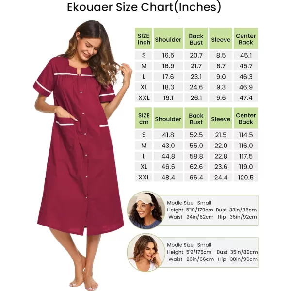 Ekouaer Womens Sleepwear SnapFront DusterHouse Dress with PocketsShort Sleeve NightgownHousecoatSummer Robe SXXLWine Red