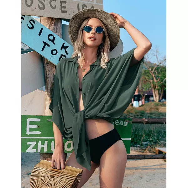 Ekouaer Womens Swimsuit Cover Up 34 Sleeve Beachwear Bikini Coverups Button Down Oversized Cover Up Shirt S3XLArmy Green