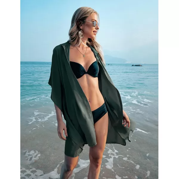 Ekouaer Womens Swimsuit Cover Up 34 Sleeve Beachwear Bikini Coverups Button Down Oversized Cover Up Shirt S3XLArmy Green
