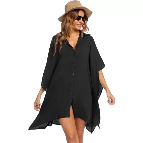 Ekouaer Womens Swimsuit Cover Up 34 Sleeve Beachwear Bikini Coverups Button Down Oversized Cover Up Shirt S3XLBlack