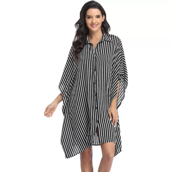 Ekouaer Womens Swimsuit Cover Up 34 Sleeve Beachwear Bikini Coverups Button Down Oversized Cover Up Shirt S3XLBlack Stripe