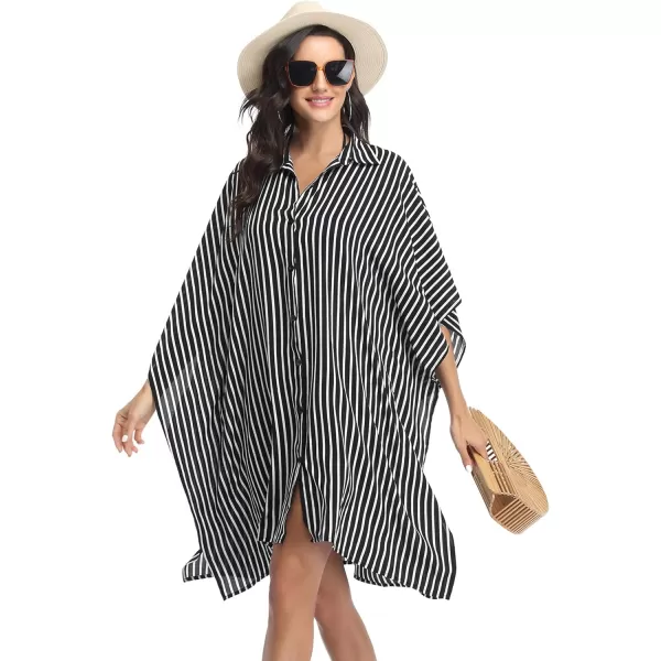 Ekouaer Womens Swimsuit Cover Up 34 Sleeve Beachwear Bikini Coverups Button Down Oversized Cover Up Shirt S3XLBlack Stripe