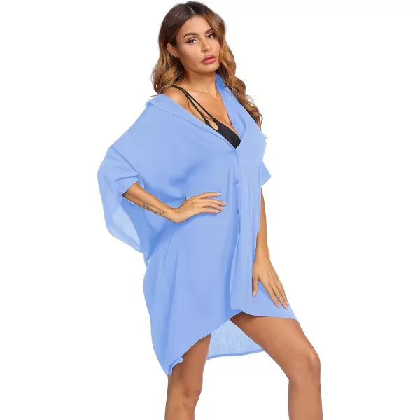 Ekouaer Womens Swimsuit Cover Up 34 Sleeve Beachwear Bikini Coverups Button Down Oversized Cover Up Shirt S3XLLight Blue