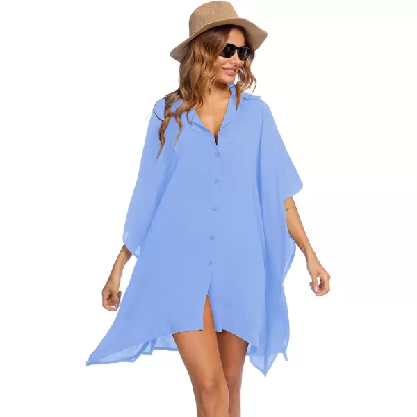 Ekouaer Womens Swimsuit Cover Up 34 Sleeve Beachwear Bikini Coverups Button Down Oversized Cover Up Shirt S3XLLight Blue