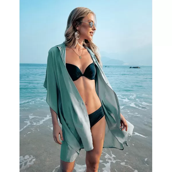 Ekouaer Womens Swimsuit Cover Up 34 Sleeve Beachwear Bikini Coverups Button Down Oversized Cover Up Shirt S3XLLight Green