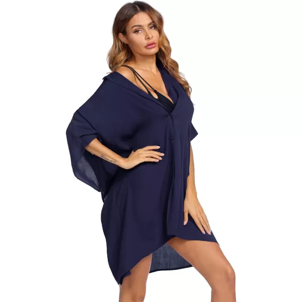 Ekouaer Womens Swimsuit Cover Up 34 Sleeve Beachwear Bikini Coverups Button Down Oversized Cover Up Shirt S3XLNavy Blue