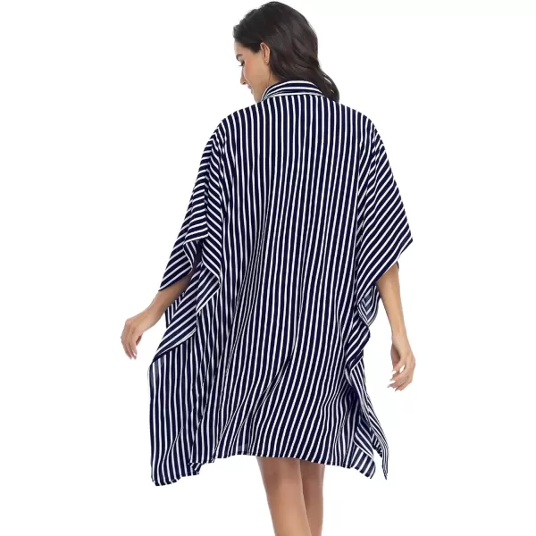 Ekouaer Womens Swimsuit Cover Up 34 Sleeve Beachwear Bikini Coverups Button Down Oversized Cover Up Shirt S3XLNavy Blue Stripe