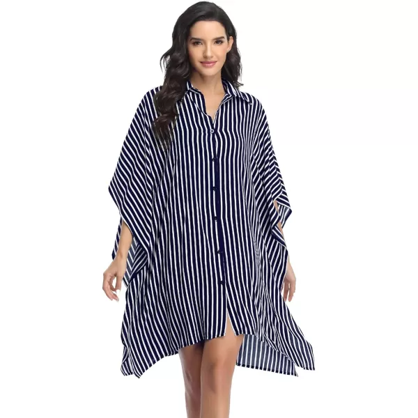 Ekouaer Womens Swimsuit Cover Up 34 Sleeve Beachwear Bikini Coverups Button Down Oversized Cover Up Shirt S3XLNavy Blue Stripe