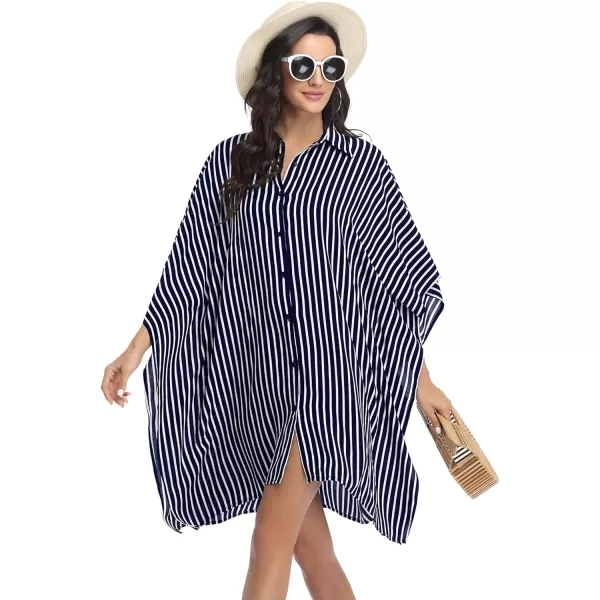 Ekouaer Womens Swimsuit Cover Up 34 Sleeve Beachwear Bikini Coverups Button Down Oversized Cover Up Shirt S3XLNavy Blue Stripe