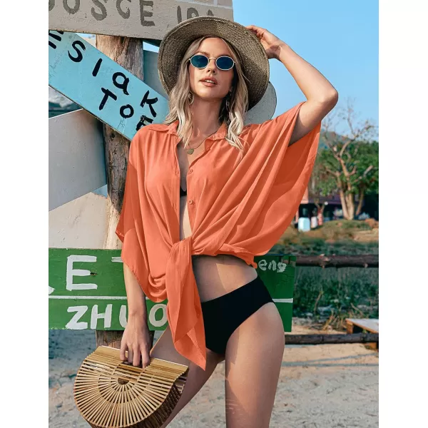 Ekouaer Womens Swimsuit Cover Up 34 Sleeve Beachwear Bikini Coverups Button Down Oversized Cover Up Shirt S3XLOrange Red