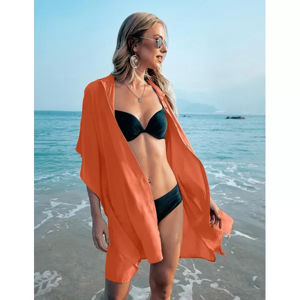 Ekouaer Womens Swimsuit Cover Up 34 Sleeve Beachwear Bikini Coverups Button Down Oversized Cover Up Shirt S3XLOrange Red